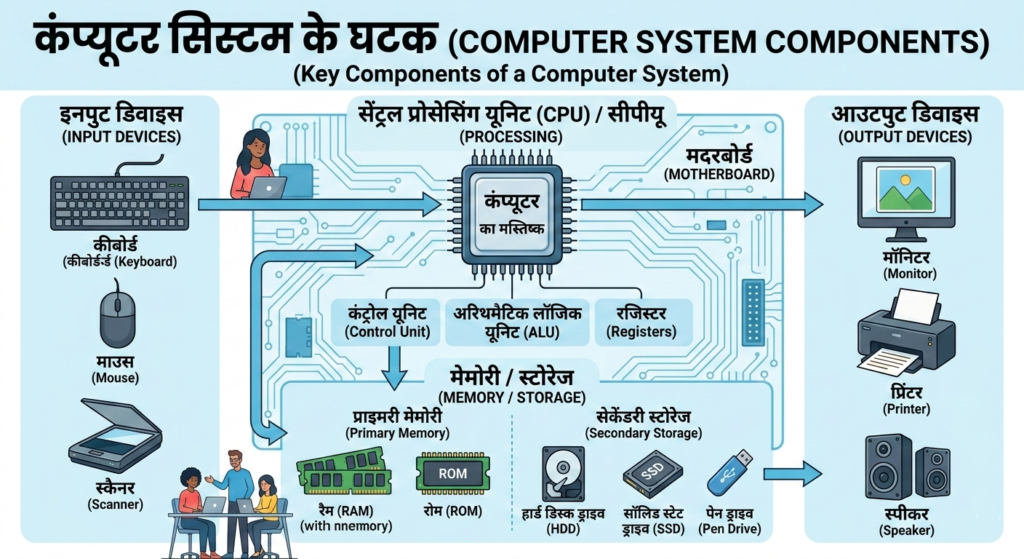 कंप्यूटरसिस्टमकेकौन-कौनसेकंपोनेंट्स(Components)होतेहैंसमझाइए?