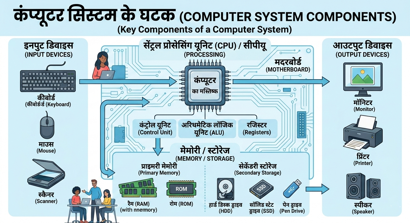 कंप्यूटरसिस्टमकेकौन-कौनसेकंपोनेंट्स(Components)होतेहैंसमझाइए?